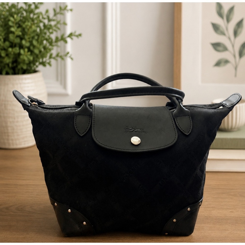 Longchamp Le Pliage Black Monogram Canvas Tote Bag Studded Leather Flap Vintage